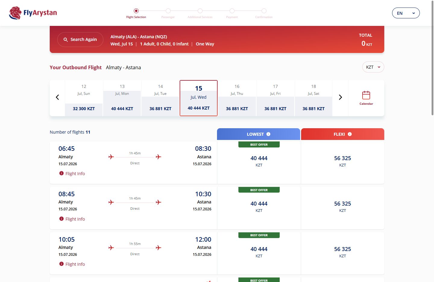 Выдача booking.flyarystan.com Алматы → Астана: тарифы LOWEST 40 444 KZT (Best Offer) и FLEXI 56 325 KZT, цены в тенге