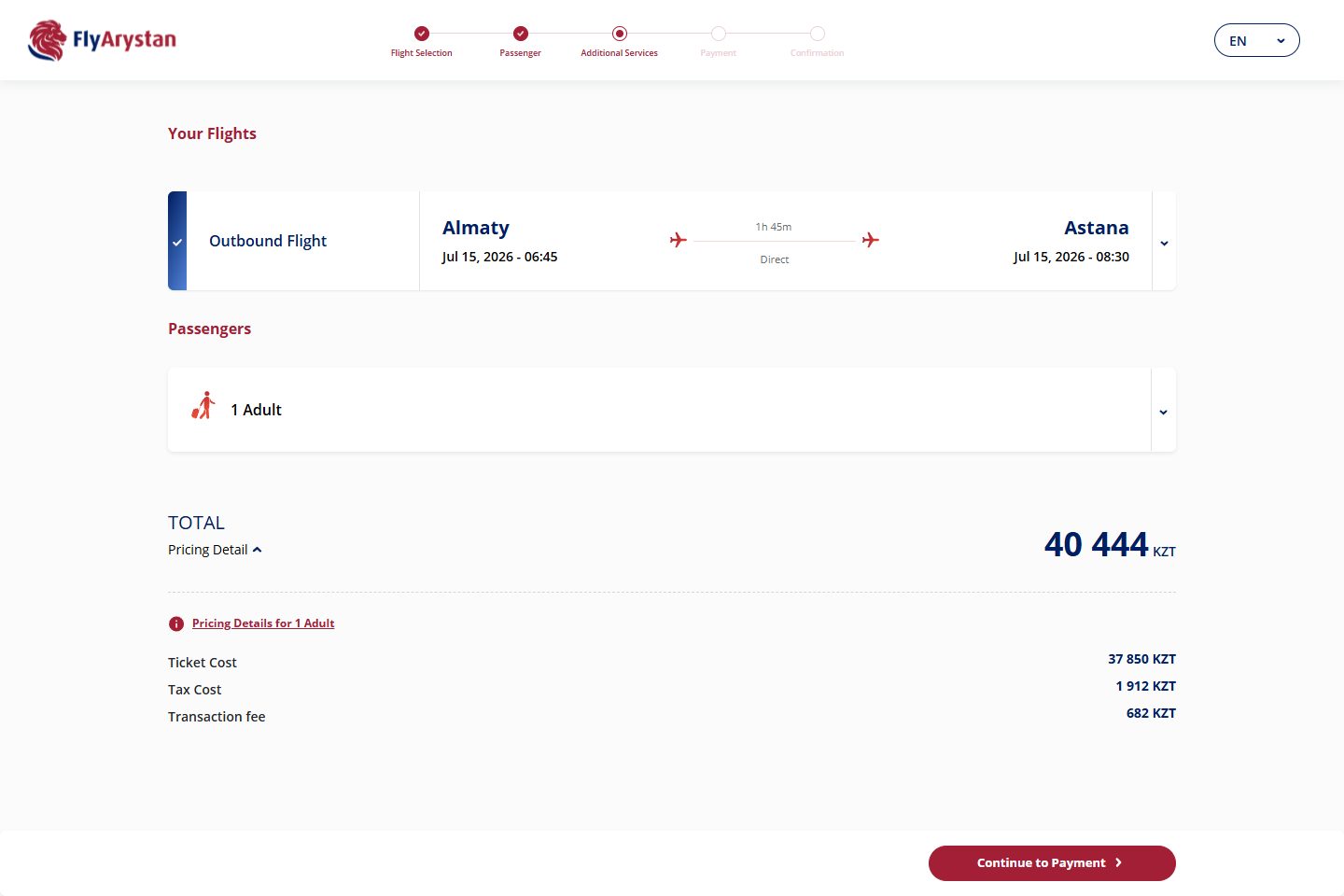 Сводка перед оплатой: рейс Алматы → Астана, 1 взрослый, итог 40 444 KZT (билет 37 850 + такса 1912 + сбор 682)